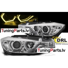 BMW F30/F31 11-15 priekšējie lukturi, 3D Dzeltenas eņģeļ acis, hromēti, DRL