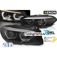 BMW F10/F11 10-13 priekšējie lukturi, 3D LED eņģeļ acis, Melni, Xenona, DRL, SEQ