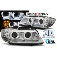 BMW E90/E91 (09-11) priekšējie lukturi, 3D LED eņģeļ acis, DRL, xenona, hromēti, AFS