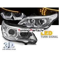 BMW E60/E61 (03-07) priekšējie lukturi, 3D LED eņģeļacis, LED pagriezieni, hromēti