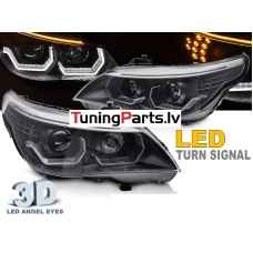 BMW E60/E61 (03-07) priekšējie lukturi, 3D LED eņģeļacis, LED pagriezieni, melni
