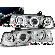 BMW E36 kupejas/kabrio priekšējie lukturi, eņģeļ acis, hromēti BMW E36 kupejas/kabrio priekšējie lukturi, eņģeļ acis, hromēti