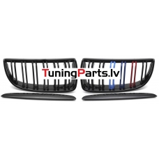 BMW E90/E91 (05-08) priekšējās restes + uzlikas melnas/glancētas 3 krāsu dubultās