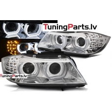BMW E90/E91 (09-11) priekšējie lukturi, 3D LED eņģeļ acis, DRL, xenona, hromēti