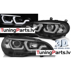 BMW X5 E70 (07-13) priekšējie lukturi, 3D LED eņģeļ acis, melni, DRL