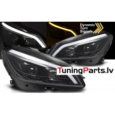 Mercedes Benz W204 C-class (11-14) priekšējie lukturi LED TUBE DRL, dinamiskie pagriezieni, melni/glancēti