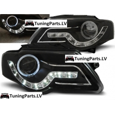 VW Passat B6 3C (05-09) priekšējie LED Dayline lukturi, melni, eņģeļacis