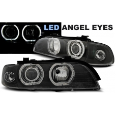 BMW E39 priekšējie lukturi, LED eņģeļ acis, melni, xenona