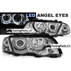 BMW E46 sedana/touringa (98-01) priekšējie lukturi + pagriezieni, LED eņģeļ acis, hromēti