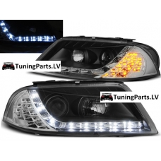 VW Passat B5.5 3BG (01-05) priekšējie lukturi, LED dayline + LED pagriezienu rādītāji, melni 