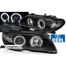 BMW E46 kupejas/kabrio (03-06) priekšējie lukturi, eņģeļ acis, CCFL, melni, xenon