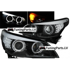 BMW E60/E61 (03-07) priekšējie lukturi, eņģeļacis, LED pagriezieni, melni