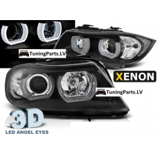 BMW E90/E91 (05-08) priekšējie lukturi, 3D LED eņģeļ acis, melni, xenona