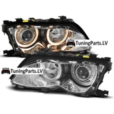 BMW E46 sedana/touringa (01-05) priekšējie lukturi, eņģeļ acis, hromēti