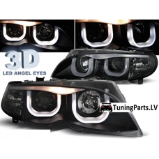 BMW E46 sedana/touringa (01-05) priekšējie lukturi, 3D LED eņģeļ acis, melni