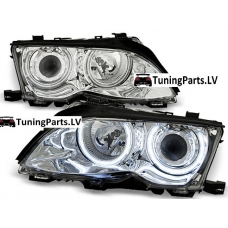 BMW E46 sedana/touringa (01-05) priekšējie lukturi, CCFL eņģeļacis, hromēti