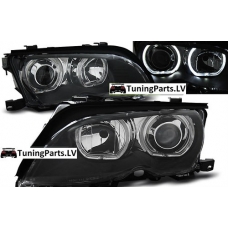 BMW E46 sedana/touringa (01-05) priekšējie lukturi, LED eņģeļ acis, melni