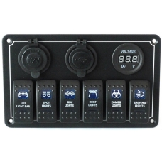 Slēdži 12 / 24V ON-OFFx6, 1xZ, 2xUSB 3.1A , 1 LED volt, 3xB 15A IP68, zils