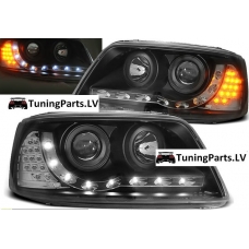 VW T5 priekšējie lukturi, LED dayline + LED pagriezieni, melni