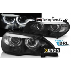 BMW X5 E70 (07-10) priekšējie lukturi, 3D LED eņģeļ acis, melni, DRL, xenona