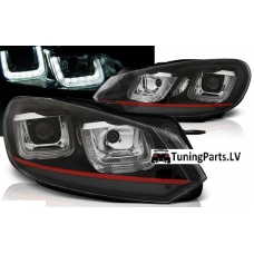 VW Golf 6 priekšējie LED dayline lukturi, DRL, melni, red line