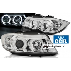 BMW E90/E91 (05-08) priekšējie lukturi, CCFL eņģeļ acis, hromēti