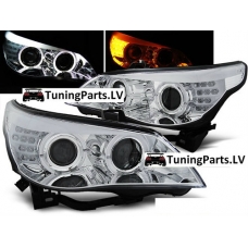 BMW E60/E61 (03-07) priekšējie lukturi, eņģeļacis, LED pagriezieni, hromēti