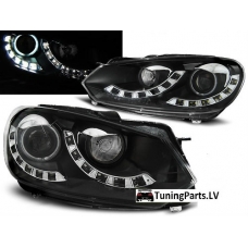 VW Golf 6 priekšējie LED dayline lukturi, DRL, melni + CCFL eņģeļ acis