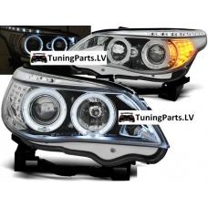 BMW E60/E61 (03-07) priekšējie lukturi, eņģeļ acis + LED pagriezieni, hromēti