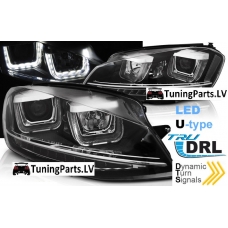 VW Golf 7 (12-17) priekšējie lukturi, LED dayline, DRL, melni, dinamisks pagriezienu rādītājs