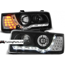 VW T4 (90-03) priekšējie lukturi, LED Dayline + LED pagriezieni, melni