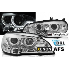 BMW X5 E70 (07-10) priekšējie lukturi, 3D LED eņģeļ acis, hromēti, DRL, xenona, AFS