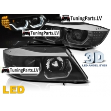 BMW E90/E91 (05-08) priekšējie lukturi, 3D LED eņģeļ acis, LED pagriezieni, melni