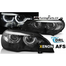 BMW X5 E70 (07-10) priekšējie lukturi, 3D LED eņģeļ acis, melni, DRL, xenona, AFS