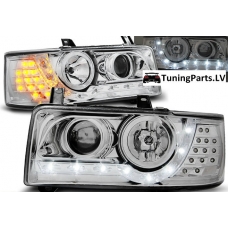 VW T4 (90-03) priekšējie lukturi, LED Dayline + LED pagriezieni, hromēti