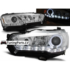 Mitsubishi Lancer (08-11) priekšējie LED Dayline lukturi, hromēti, eņģeļacis