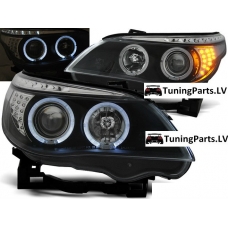 BMW E60/E61 (03-07) priekšējie lukturi, eņģeļacis, LED pagriezieni, melni