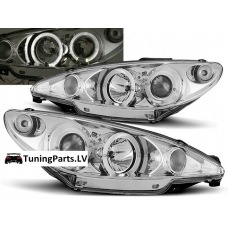 Peugeot 206 (02-06) priekšējie lukturi, eņģeļ acis, hromēti