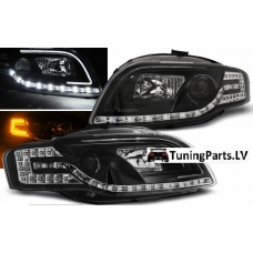 Audi A4 B7 (04-07) priekšējie lukturi, LED dayline, melni + Led pagrieziens