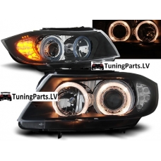 BMW E90/E91 (05-08) priekšējie lukturi, eņģeļ acis, LED pagriezienu rādītāji, melni