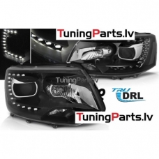 VW T5 (10-15) priekšējie lukturi, LED dayline, DRL, melni XENON LOOK
