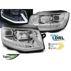 VW T6 (15-19) priekšējie lukturi LED TUBE DRL, dinamiskie pagriezieni, hromēti