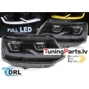 VW T5 (10-15) priekšējie FULL LED DRL lukturi, dinamiskie pagriezieni, gaismas sveiciena funkcija, melni, hromētas līnijas