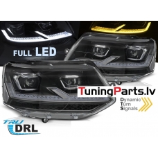 VW T5 (10-15) priekšējie FULL LED DRL lukturi, dinamiskie pagriezieni, gaismas sveiciena funkcija, melni, hromētas līnijas