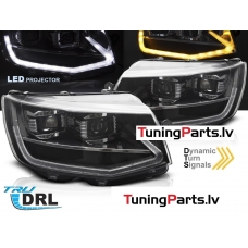 VW T6 (15-19) priekšējie lukturi FULL LED, LED dayline, DRL + LED pagriezieni, melni SEQ