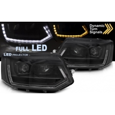 VW T5 (10-15) priekšējie FULL LED DRL lukturi, dinamiskie pagriezieni, melni