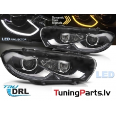 VW Scirocco (08-14) priekšējie LED DRL lukturi, dinamiskie pagriezieni, gaismas sveiciena funkcija, melni