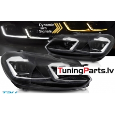 VW Golf 6 (08-12) priekšējie LED DRL lukturi, dinamiskie pagriezieni, melni, sudraba līnijas