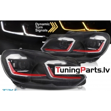 VW Golf 6 (08-12) priekšējie LED DRL lukturi, dinamiskie pagriezieni, melni, sarkanas līnijas