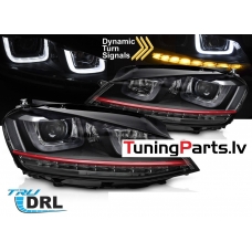 VW Golf 7 (13-17) priekšējie lukturi LED DRL, dinamiskie pagriezieni, melni, sarkanas līnijas